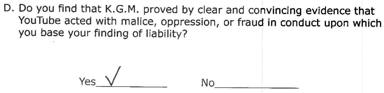 Verdict form, Question D: Do you find that K.G.M. proved by clear and convincing evidence that YouTube acted with malice, oppression, or fraud in conduct upon which you base your finding of liability? Yes is checked.