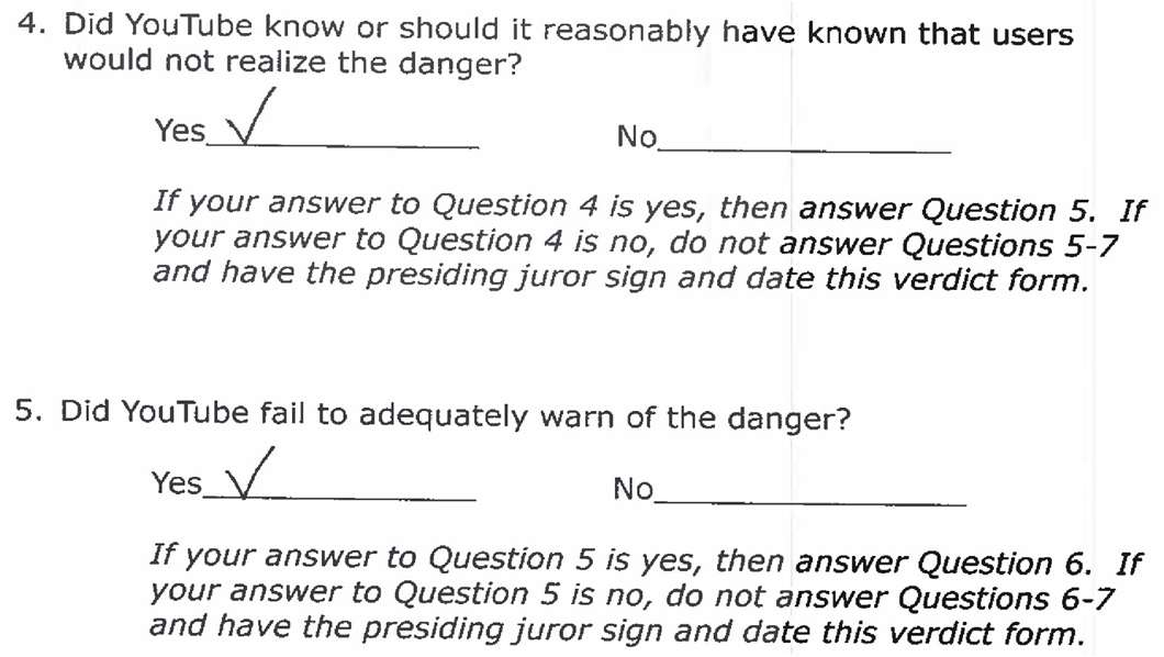 Verdict form, Questions 4 and 5: Did YouTube know or should it reasonably have known that users would not realize the danger? Yes is checked. Did YouTube fail to adequately warn of the danger? Yes is checked.